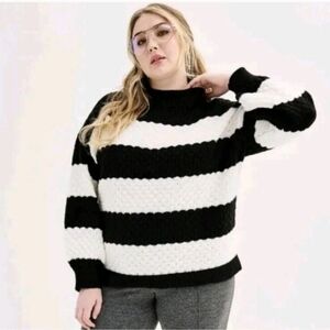 Nine West Mock Neck Black White Striped Pullover Thick Knit Sweater 3X